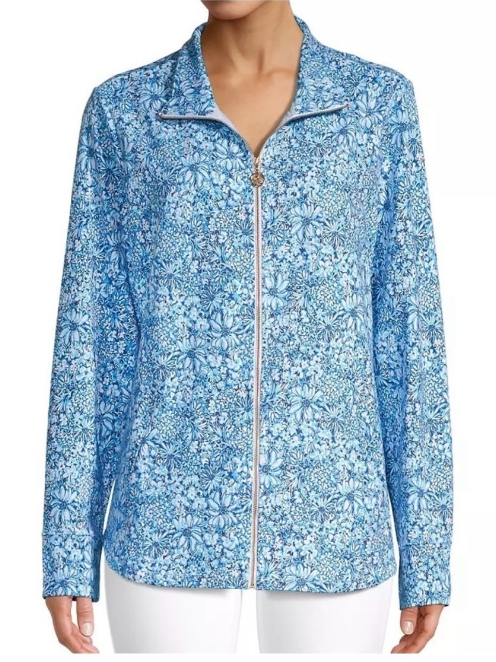 Lilly Pulitzer Leona UPF 50 zip front cumulus blue blooming jacket